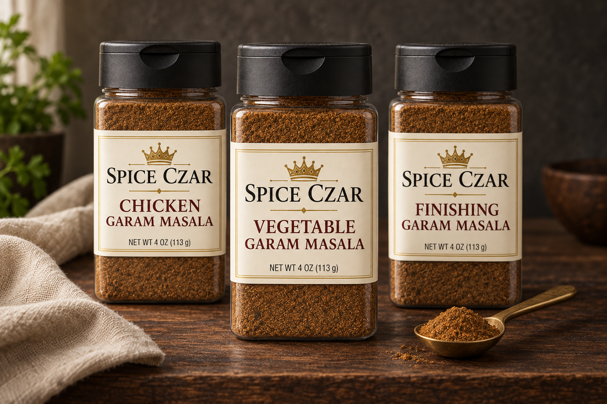 Spice Czar Chicken, Vegetable and Finishing Garam Masala shakers with the ground blend