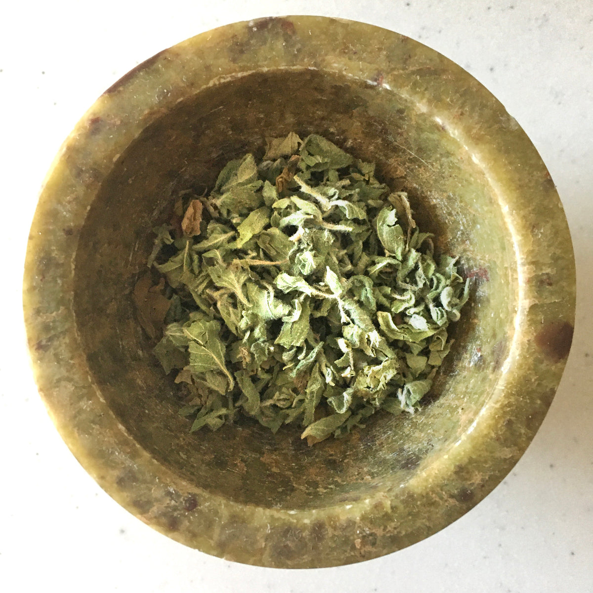 Dried marjoram leaves and buds, accurately representing Spice Czar Dried Marjoram. Wikimedia Commons CC0 image by Misterneedlemouse.