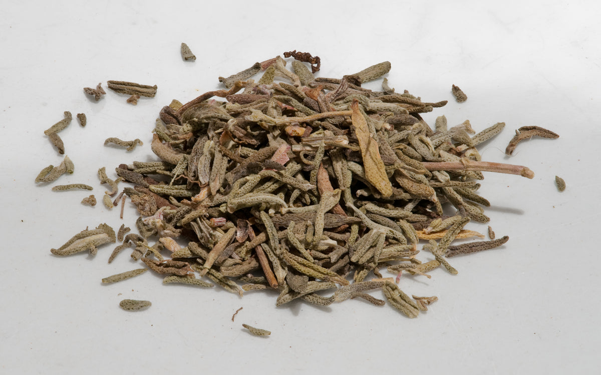 Dried thyme leaves, accurately representing Spice Czar Dried Thyme. Photo by Daniel78 via Wikimedia Commons, CC BY-SA 3.0.