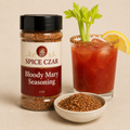 Bloody Mary Seasoning in labeled 4 oz shaker with loose seasoning and Bloody Mary cocktail