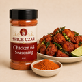 Chicken 65 Seasoning in labeled 4 oz shaker with loose seasoning and prepared Chicken 65