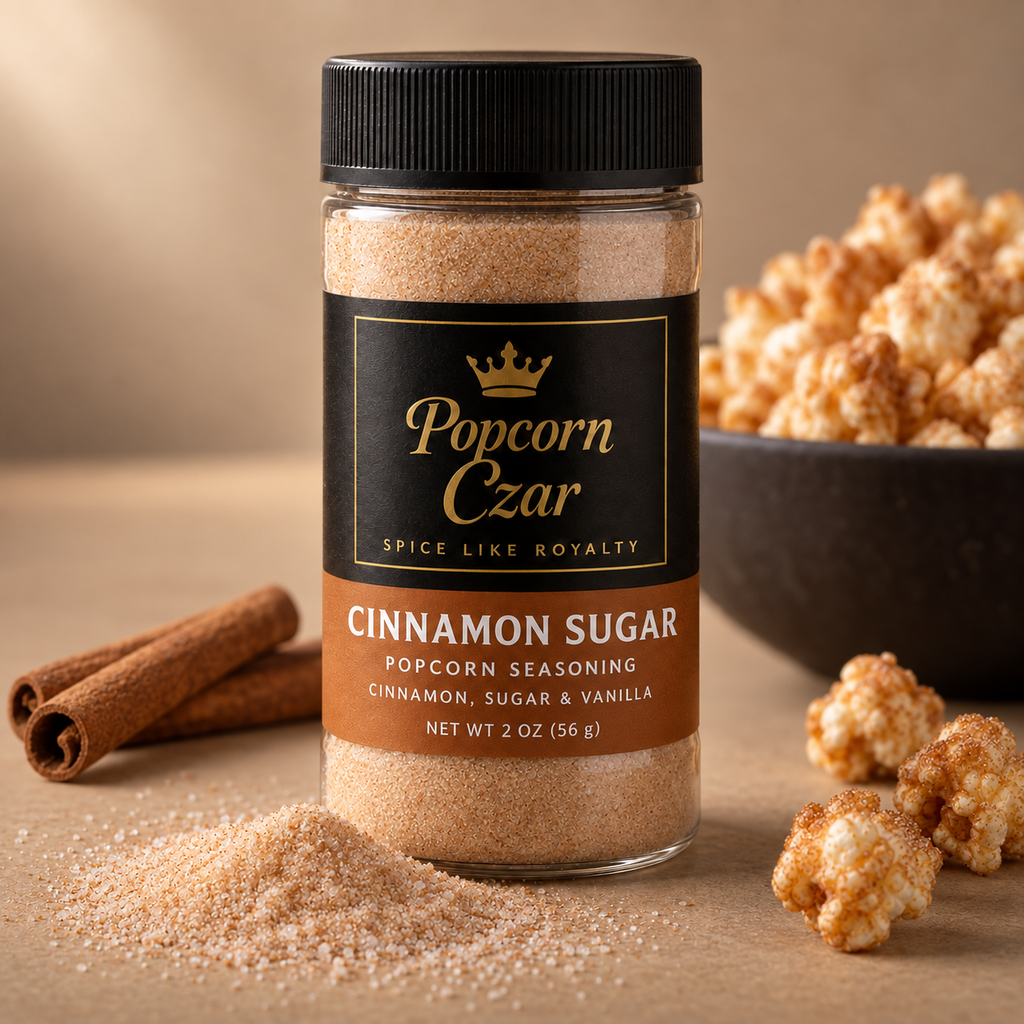 Popcorn Czar Cinnamon Sugar popcorn seasoning in a 2 oz round shaker with a cinnamon-brown flavour band, shown with cinnamon sticks and a bowl of cinnamon-dusted popcorn