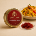 Crimson Saffron Threads in labeled 1 g premium tin with whole saffron and saffron rice