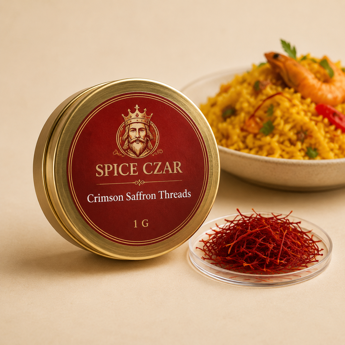 Crimson Saffron Threads in labeled 1 g premium tin with whole saffron and saffron rice