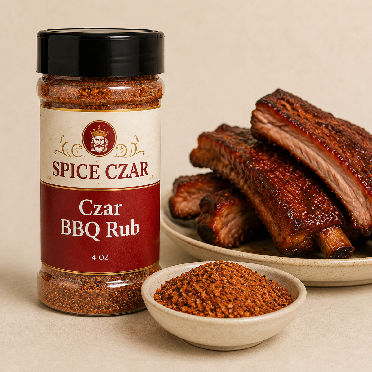 Czar BBQ Rub in labeled 4 oz shaker with loose rub and smoked ribs