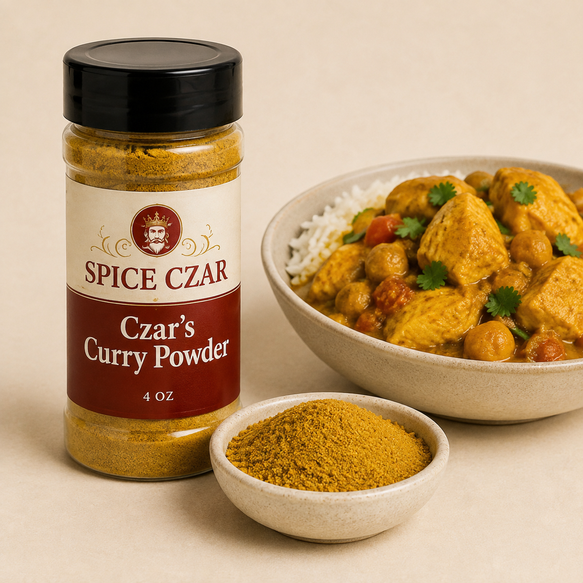 Czar's Curry Powder in labeled 4 oz shaker with loose curry powder and prepared curry with rice