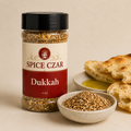 Dukkah in labeled 4 oz shaker with coarse nut and seed blend, bread, and olive oil