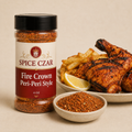 Fire Crown Peri-Peri Style in labeled 4 oz shaker with dry seasoning and grilled chicken
