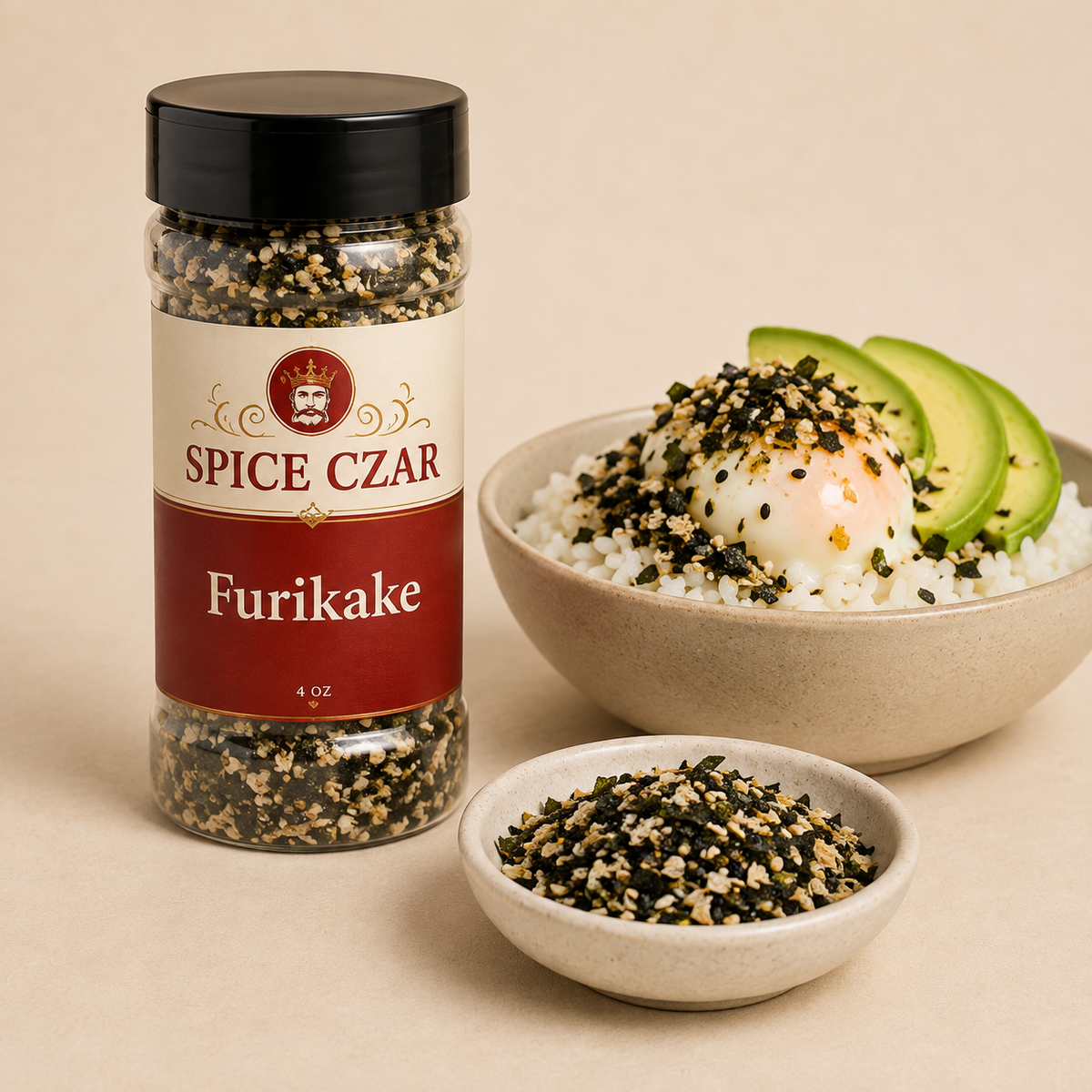 Furikake in labeled 4 oz shaker with visible nori and sesame, loose seasoning, and seasoned rice