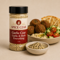 Garlic Czar Garlic & Herb Everything in labeled 4 oz shaker with loose seasoning and a falafel grain bowl