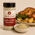 Garlic & Herb Seasoning in labeled 4 oz shaker with loose seasoning, roast chicken, potatoes, and vegetables