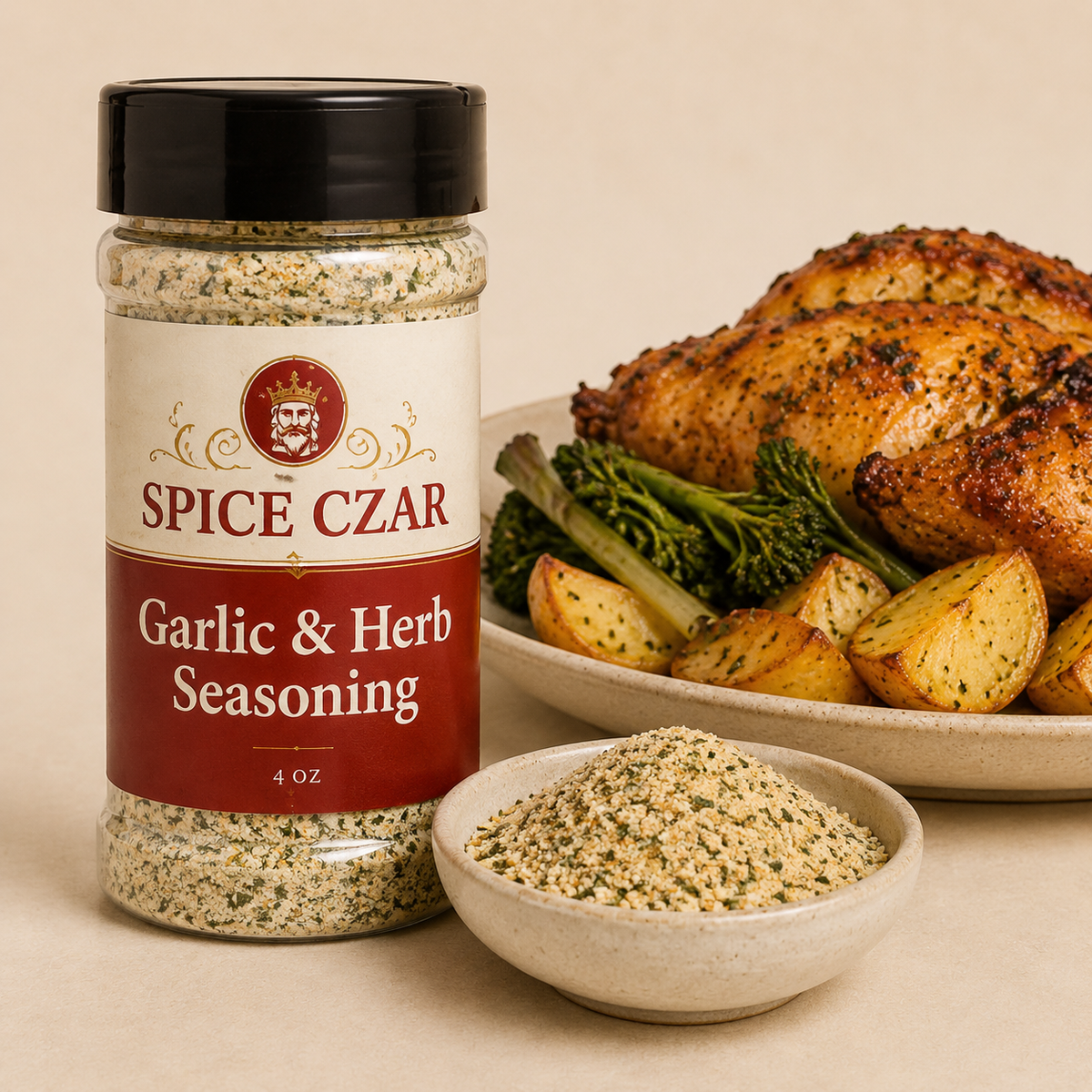 Garlic & Herb Seasoning in labeled 4 oz shaker with loose seasoning, roast chicken, potatoes, and vegetables