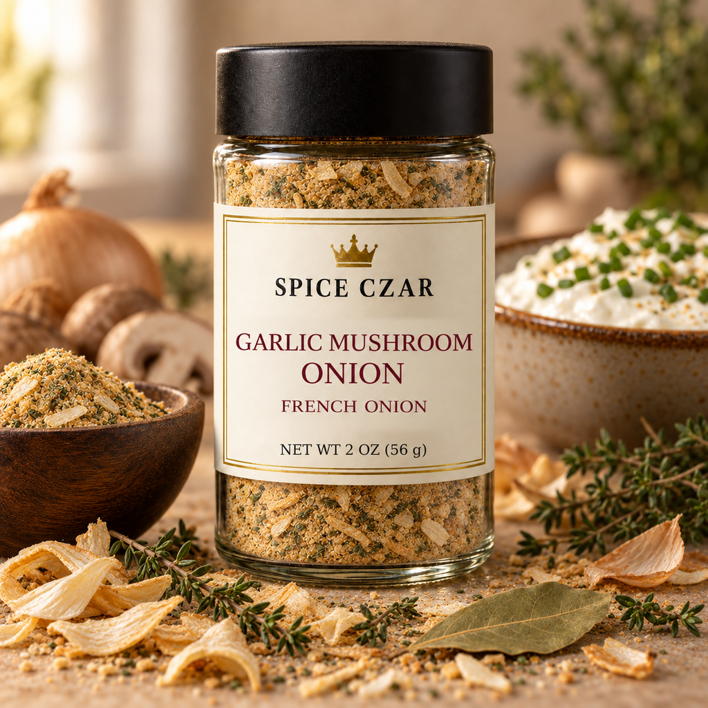 Spice Czar Garlic Mushroom Onion French Onion Seasoning, 2 oz round glass shaker with dried onion, thyme and a bay leaf beside a bowl of chive dip