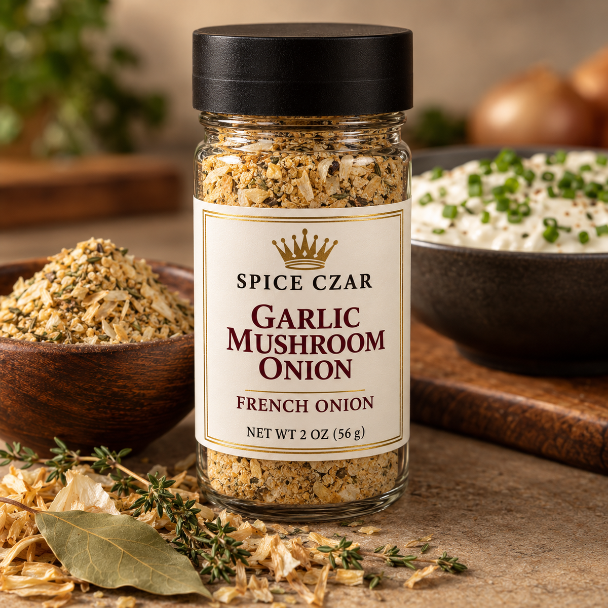 Spice Czar Garlic Mushroom Onion French Onion Seasoning in a 2 oz round glass shaker, shown with dried onion flakes, fresh thyme and a bowl of sour cream and chive dip