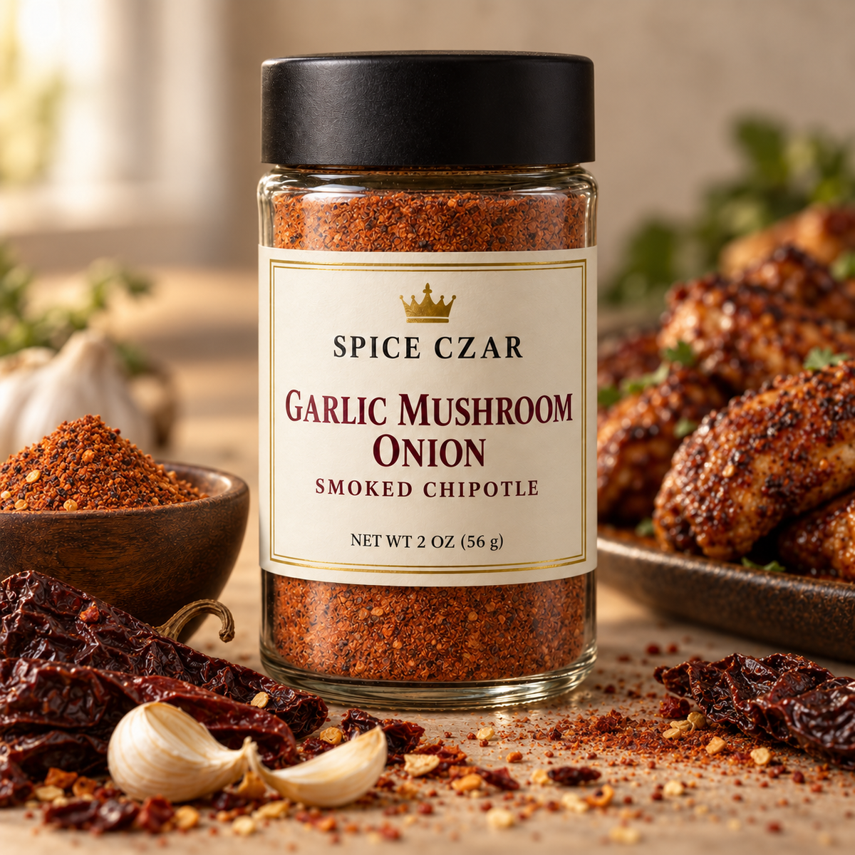 Spice Czar Garlic Mushroom Onion Smoked Chipotle Seasoning in a 2 oz round glass shaker, shown with dried chipotle chiles and garlic beside a plate of chicken wings