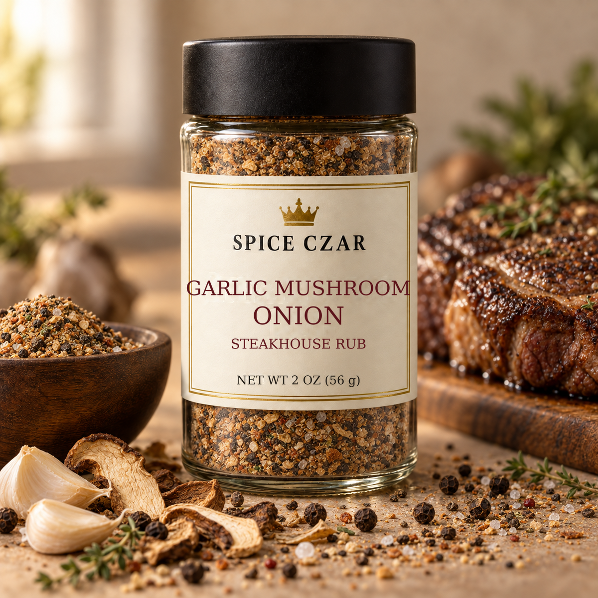 Spice Czar Garlic Mushroom Onion Steakhouse Rub in a 2 oz round glass shaker, coarse cracked black pepper rub with garlic, dried porcini and a thick ribeye