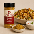 Golden Biryani Shortcut in labeled 4 oz shaker with loose seasoning, chicken biryani, and raita