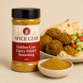 Golden Czar Curry Falafel Seasoning in labeled 4 oz shaker with loose seasoning and golden falafel
