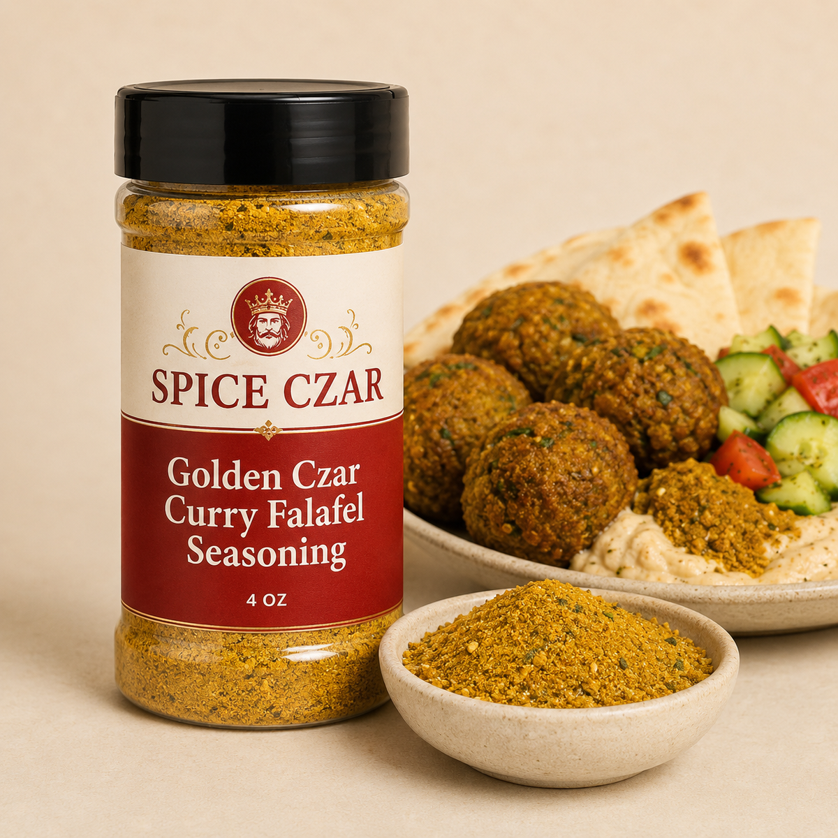 Golden Czar Curry Falafel Seasoning in labeled 4 oz shaker with loose seasoning and golden falafel
