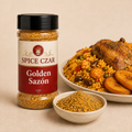 Golden Sazón in labeled 4 oz shaker with loose seasoning, arroz con pollo, beans, and plantains