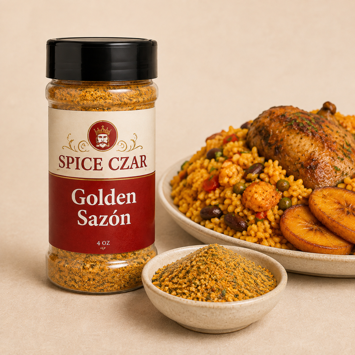 Golden Sazón in labeled 4 oz shaker with loose seasoning, arroz con pollo, beans, and plantains