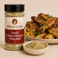 Greek Lemon-Oregano Wing Rub in labeled 4 oz shaker with loose rub, grilled wings, lemon, and potatoes