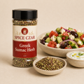 Greek Sumac Herb in labeled 4 oz shaker with loose herb blend, Greek salad, and yogurt dip