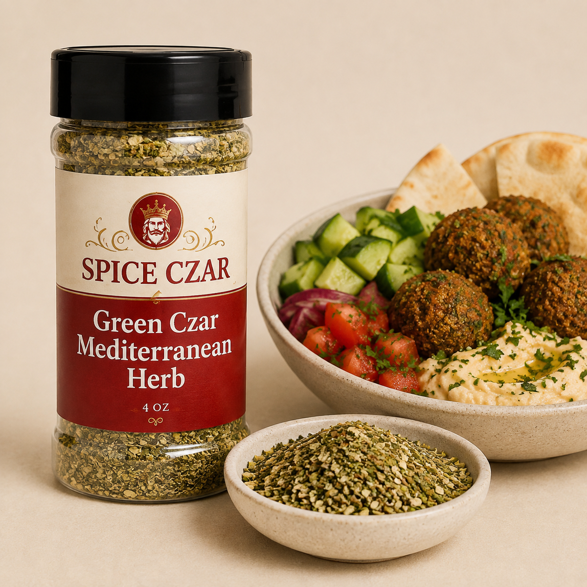 Green Czar Mediterranean Herb in labeled 4 oz shaker with loose seasoning and a falafel bowl