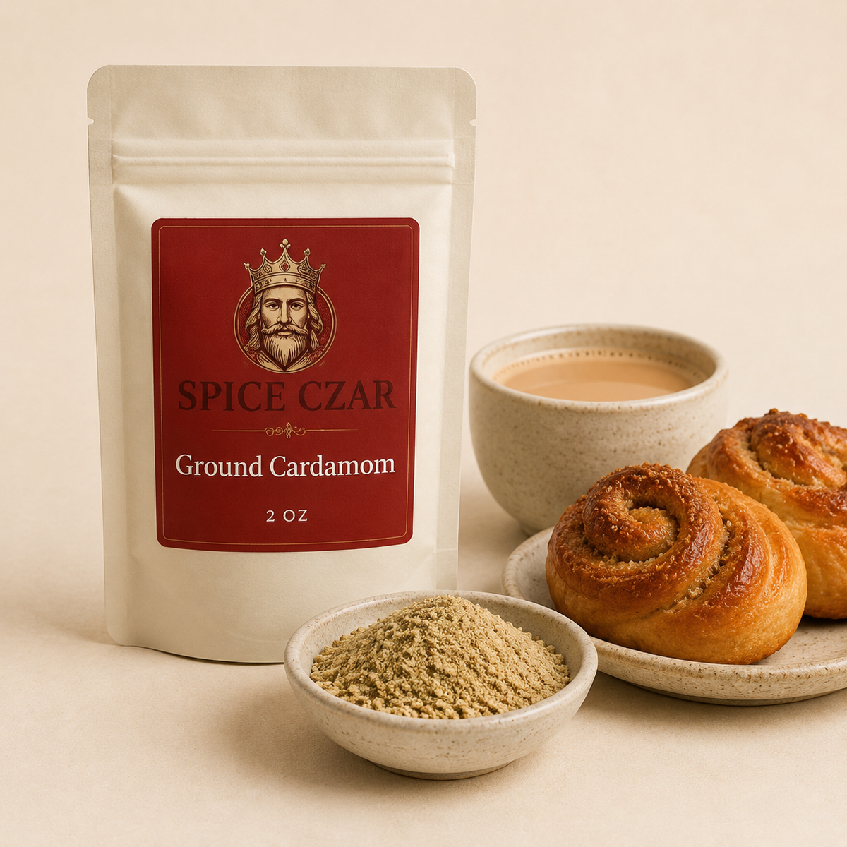 Ground Cardamom in labeled 2 oz pouch with loose ground cardamom, chai, and cardamom buns