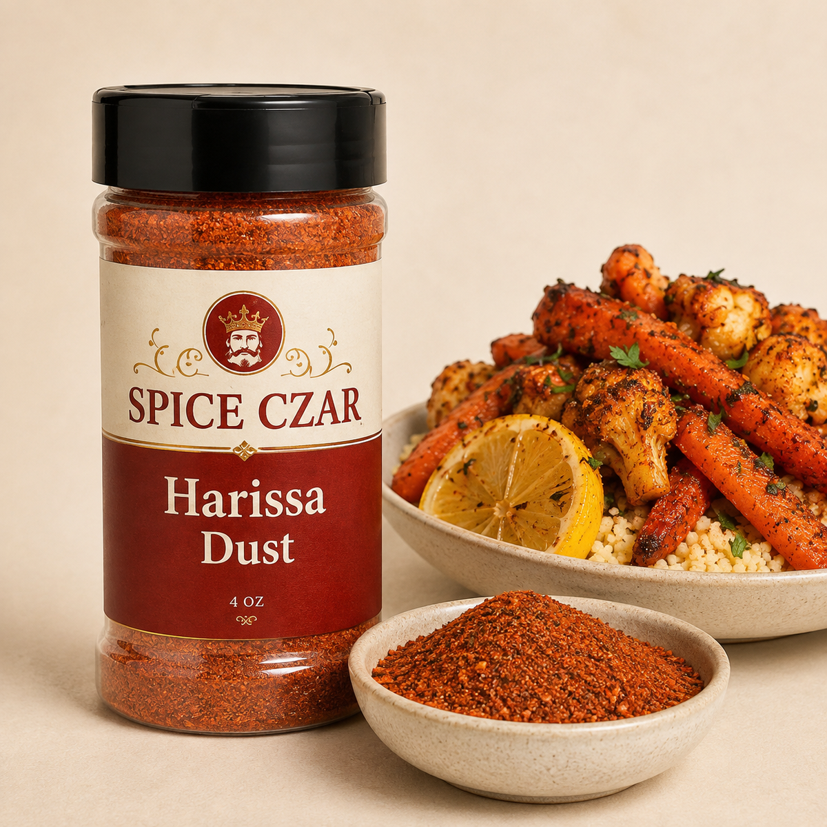 Harissa Dust in labeled 4 oz shaker with loose dry seasoning and harissa-roasted vegetables