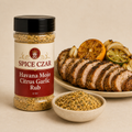 Havana Mojo Citrus Garlic Rub in labeled 4 oz shaker with loose rub and citrus-garlic pork