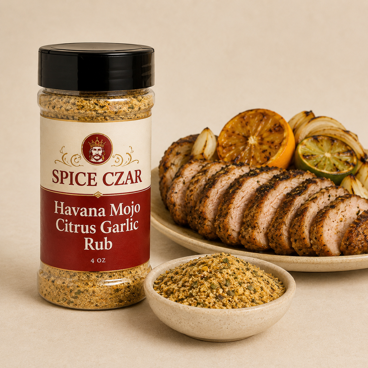 Havana Mojo Citrus Garlic Rub in labeled 4 oz shaker with loose rub and citrus-garlic pork
