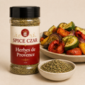 Herbes de Provence in labeled 4 oz shaker with loose dried herbs and Provençal roasted vegetables