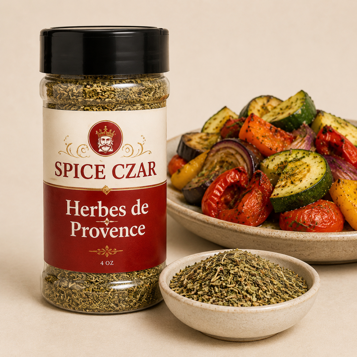 Herbes de Provence in labeled 4 oz shaker with loose dried herbs and Provençal roasted vegetables