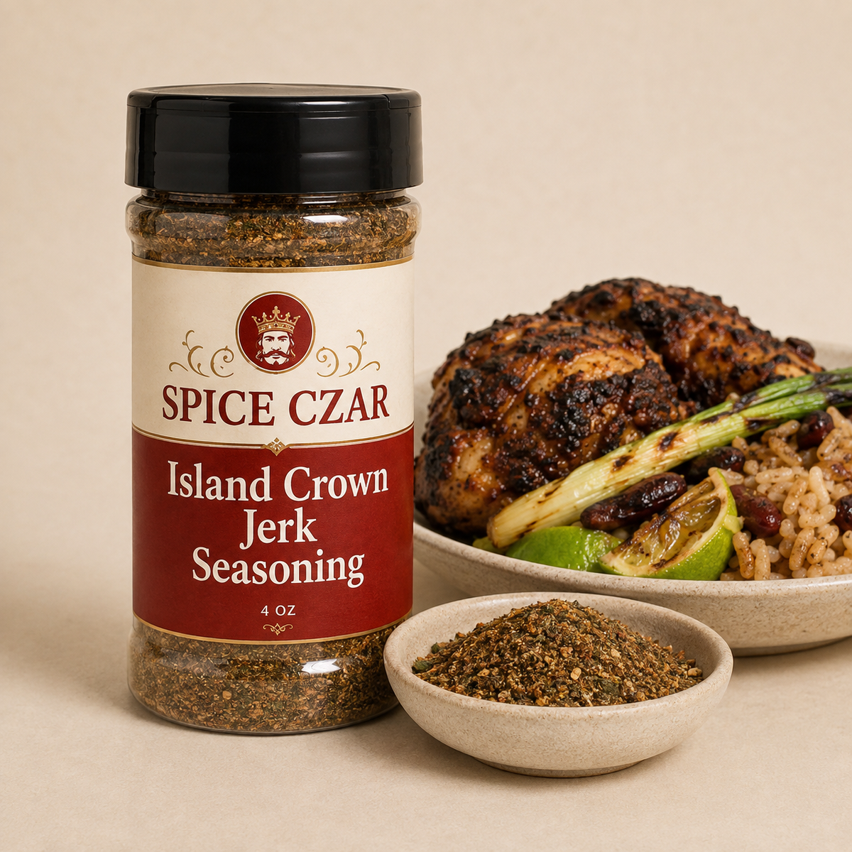Island Crown Jerk Seasoning in labeled 4 oz shaker with loose seasoning, jerk chicken, and rice and peas