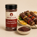 Istanbul Urfa Sumac Kebab Rub in labeled 4 oz shaker with loose rub and grilled kebabs