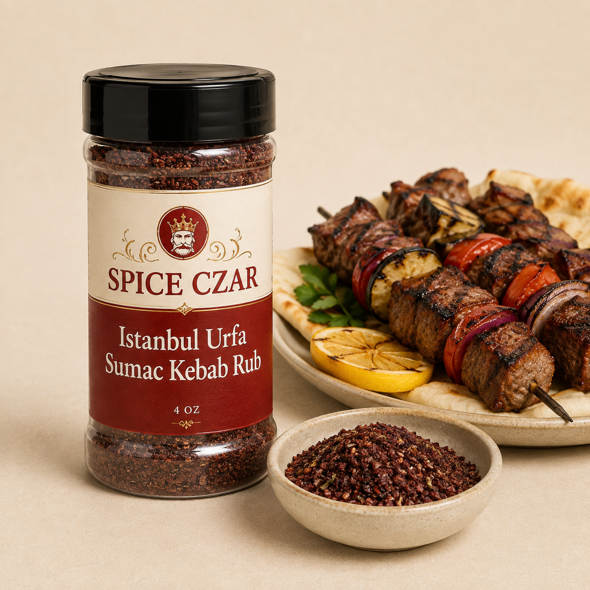 Istanbul Urfa Sumac Kebab Rub in labeled 4 oz shaker with loose rub and grilled kebabs