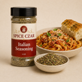Italian Seasoning in labeled 4 oz shaker with loose dried herbs, tomato pasta, and focaccia