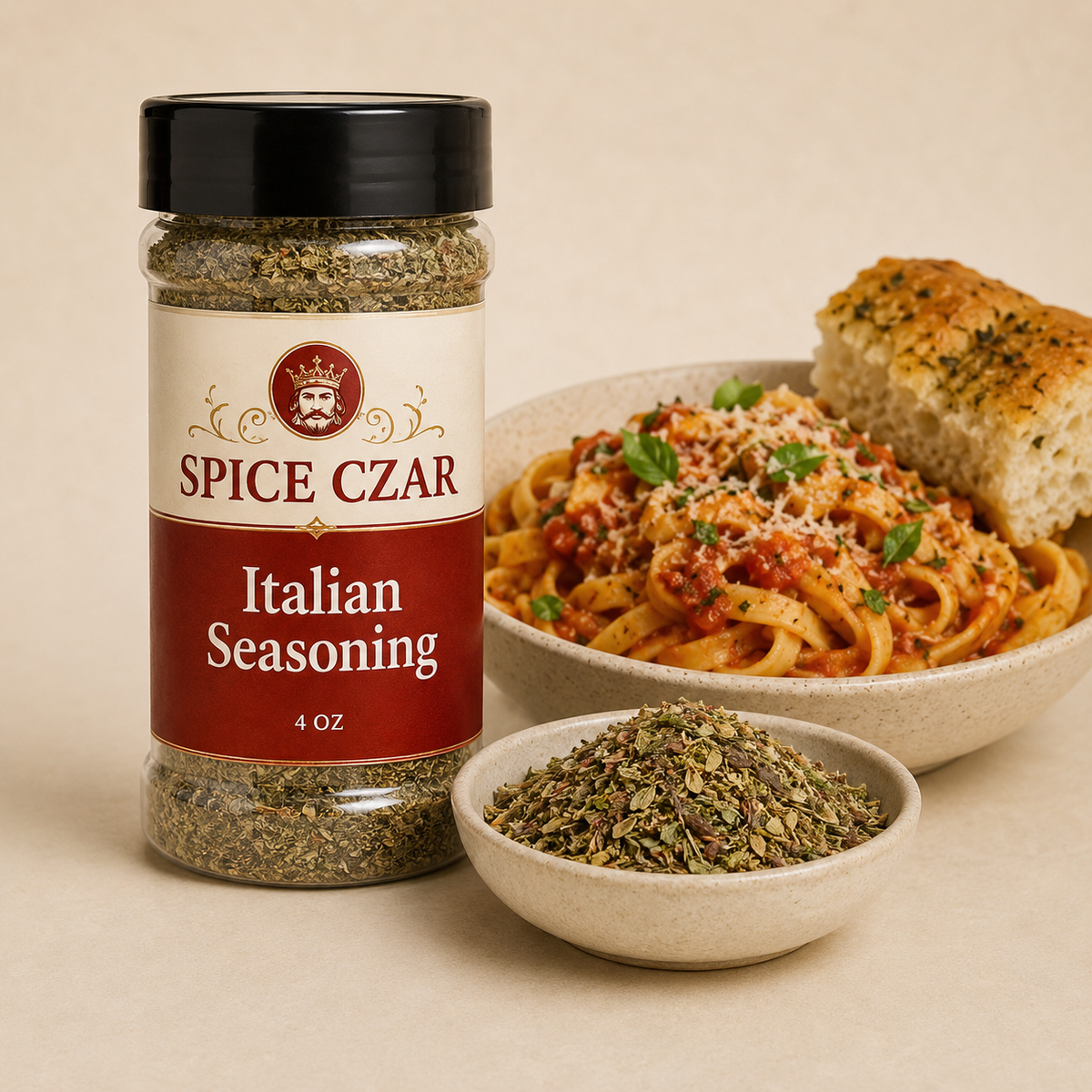 Italian Seasoning in labeled 4 oz shaker with loose dried herbs, tomato pasta, and focaccia