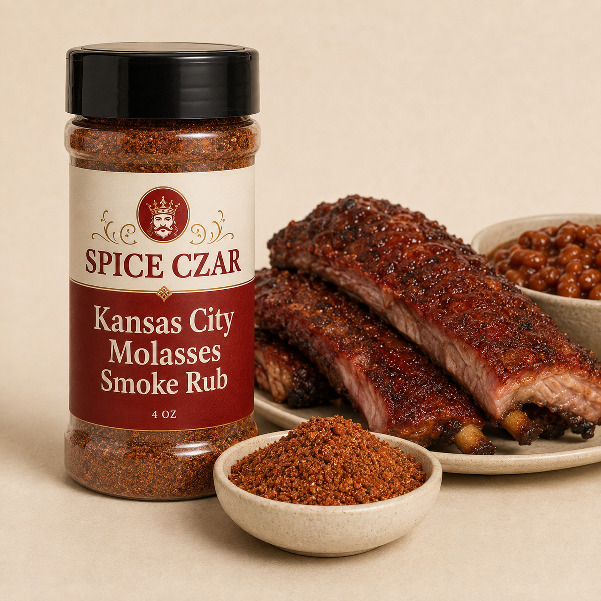 Kansas City Molasses Smoke Rub in labeled 4 oz shaker with loose rub, smoked ribs, and barbecue beans