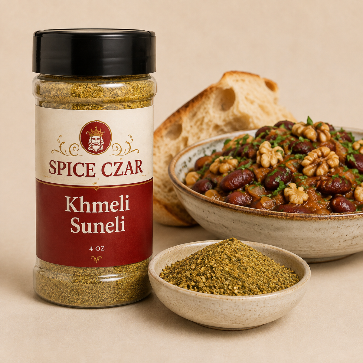 Khmeli Suneli in labeled 4 oz shaker with loose Georgian-style seasoning and lobio bean stew