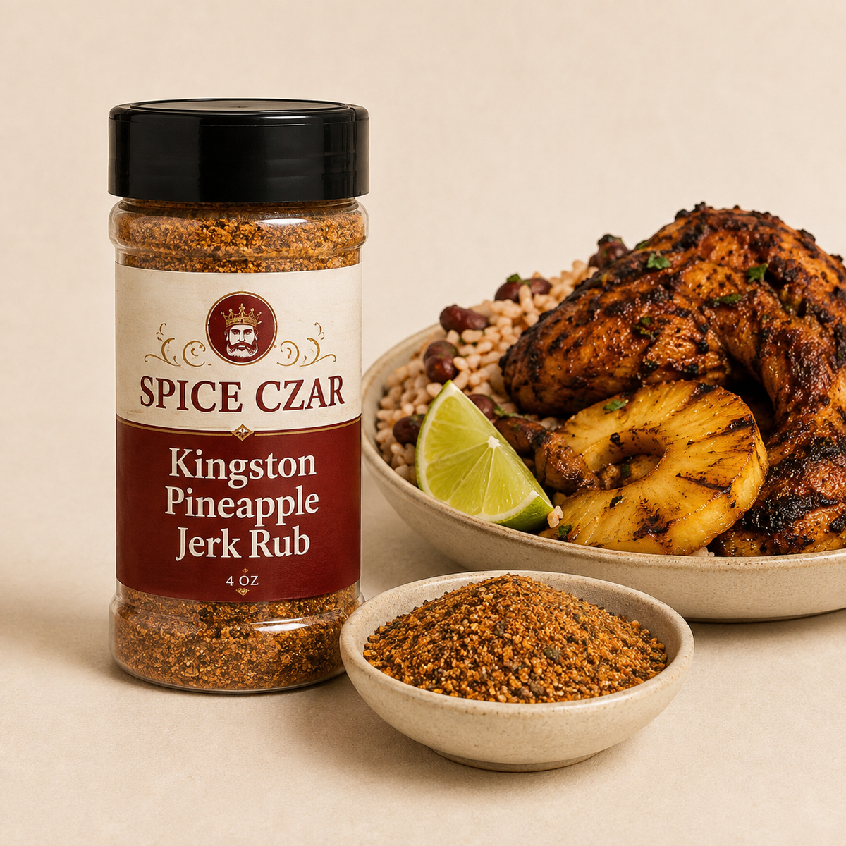 Kingston Pineapple Jerk Rub in labeled 4 oz shaker with loose rub, jerk chicken, pineapple, and rice and peas