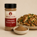 Lebanese Seven Spice in labeled 4 oz shaker with loose spice blend and Lebanese-style chicken and rice