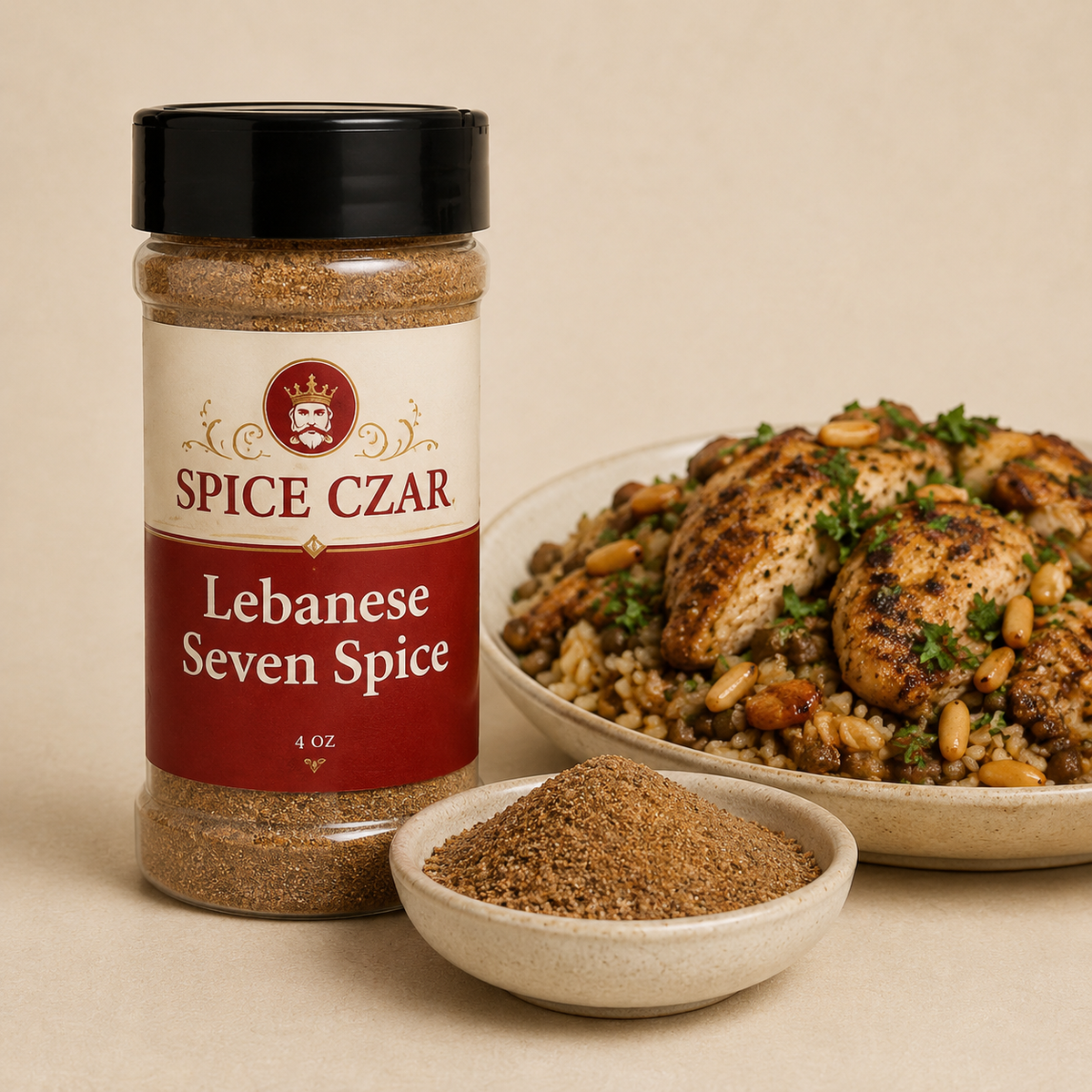 Lebanese Seven Spice in labeled 4 oz shaker with loose spice blend and Lebanese-style chicken and rice