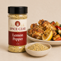 Lemon Pepper in labeled 4 oz shaker with loose seasoning, lemon-pepper wings, lemon, and vegetables