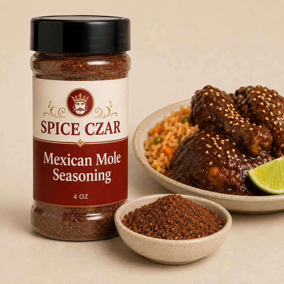 Mexican Mole Seasoning in labeled 4 oz shaker with loose seasoning and prepared chicken mole