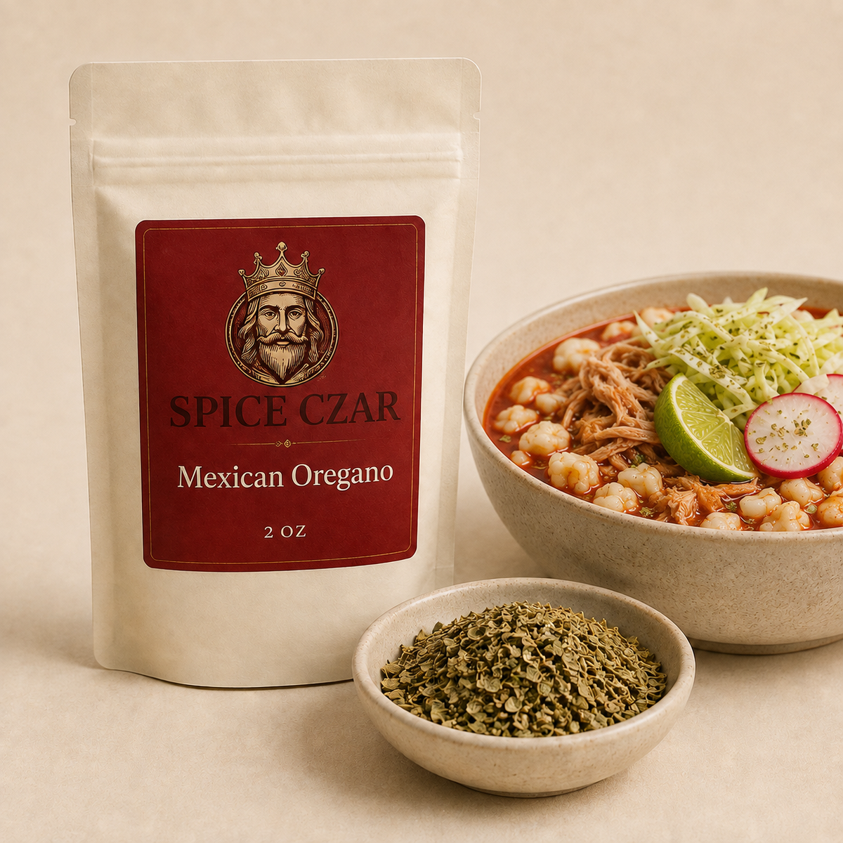 Mexican Oregano in labeled 2 oz pouch with dried oregano and prepared red pozole