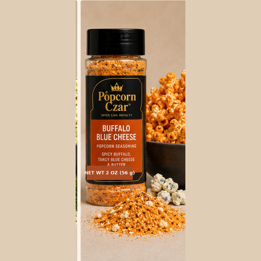 Popcorn Czar Buffalo Blue Cheese 2 oz seasoning with orange buffalo-blue-cheese powder and seasoned popcorn