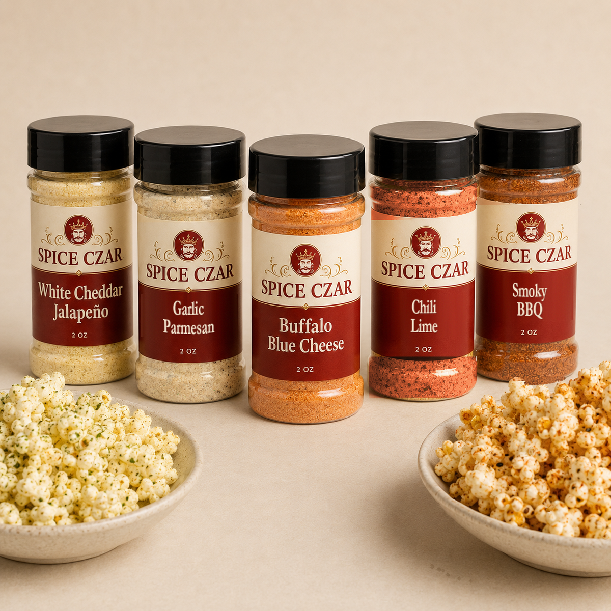 Popcorn Czar Flavor Flight: five 2 oz shakers (White Cheddar Jalapeño, Garlic Parmesan, Buffalo Blue Cheese, Chili Lime, Smoky BBQ) with seasoned popcorn