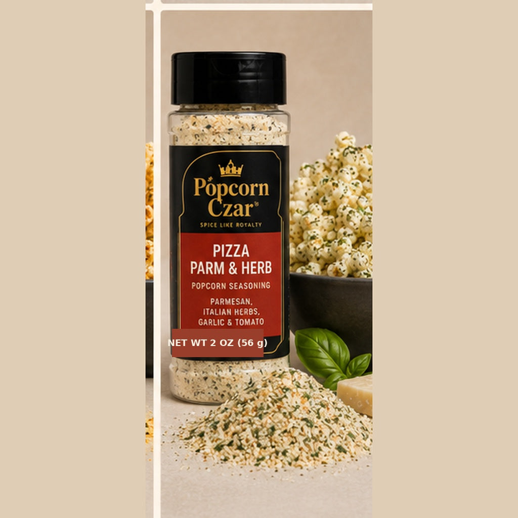 Popcorn Czar Pizza Parm & Herb 2 oz seasoning with Parmesan, tomato, garlic, oregano, and basil texture beside popcorn